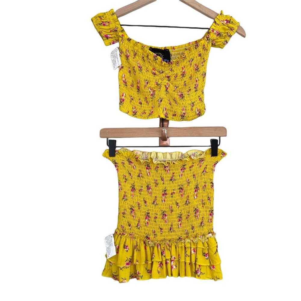 Blue Life yellow floral smocked secret crush last night set extra small MSRP 204 - Picture 3 of 12